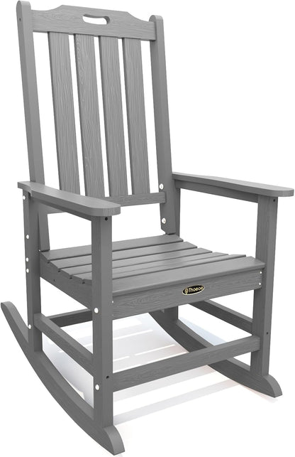 THOEOE Outdoor Rocking Chairs, Oversized Patio Rocking Chair | HDPE Outdoor Rockers for Front Porch, Patio, Backyard, Balcony and Garden. All-Weather High Back Design, Gray