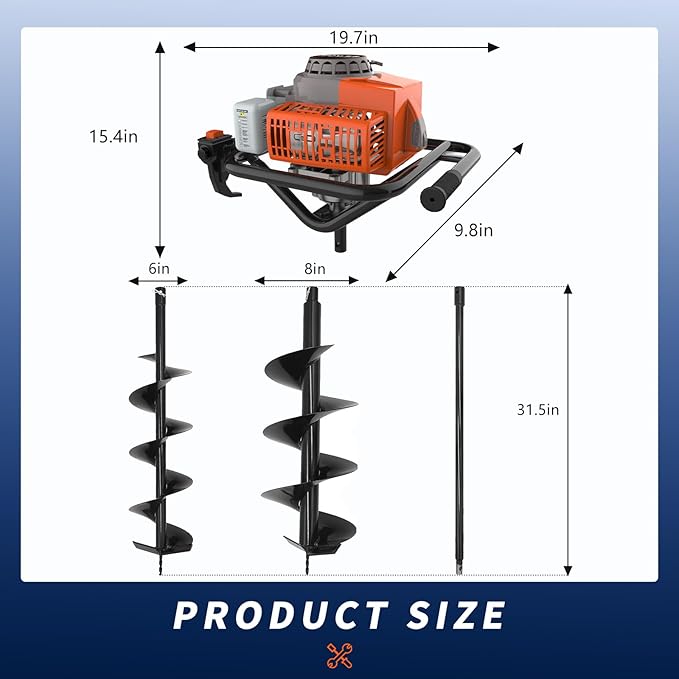 72cc 2-Stroke Auger Post Hole Digger with 2 Extension Rods & 6" & 8" Auger Bits - Gas Powered Earth Auger for Fencing, Gardening, Construction - Heavy Duty Digging Machine (72cc+2 Auger Bit(6"8"))