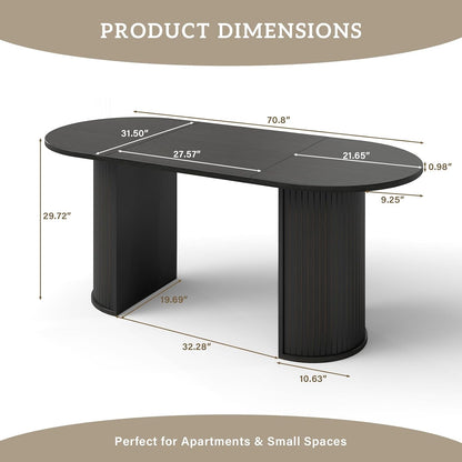 70.8" Oval Dining Table for 4-6 Persons, Fluted Pedestal Base Mid Century Wood Veneer Kitchen Table with Curved Edges for Dining Room, Apartment, Small Spaces, Black
