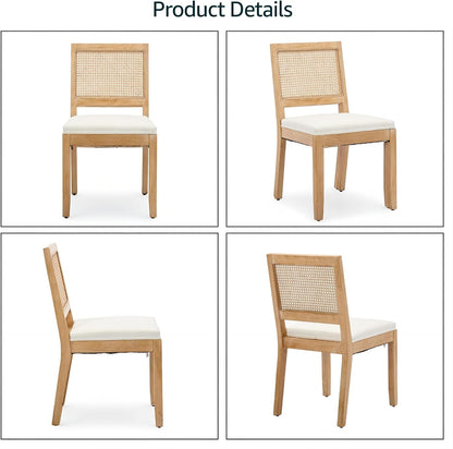 French Country Dining Chairs Set of 8, Beige Modern Kitchen & Dining Room Chairs, Rattan Dining Chair with Linen Upholstered Cushion, Low Cane Back, Wood Legs, Sillas de Comedor (Beige, 8 Pcs)