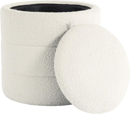 Storage Ottoman, 18 Inch Round Removable Lid, White Boucle Fabric