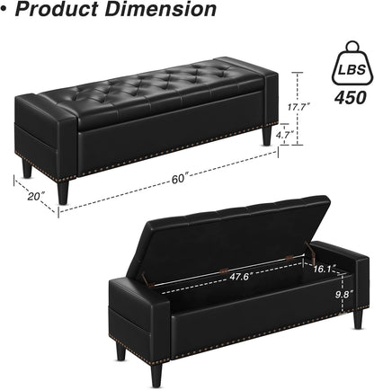 60" Storage Ottoman Bench, Faux Leather Upholstered Bed Bench, Black