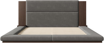 VilroCaz Modern King Size Upholstered Grounded Bed, Velvet Fabric Floor Upholstered Platform Bed with Extended Wood Headboard & Bedside Shelf, No Box Spring Required (King)