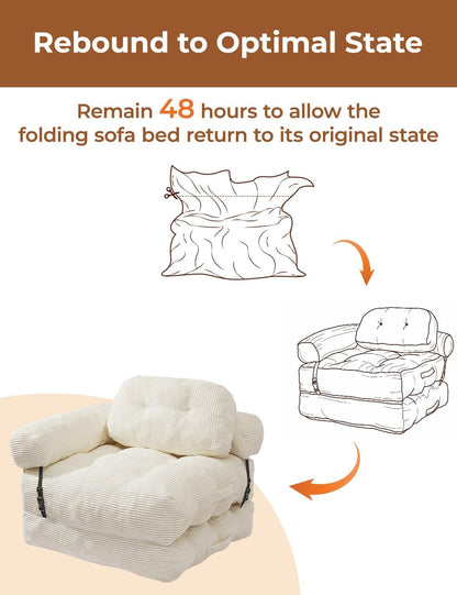 Folding Sofa Bed, L-Shaped Couch Back Support and Arm Pillow Futon | Convertible Sofa Bed for Living Room/Guest Use/Home Office, Foldable Couch for Adults, Beige