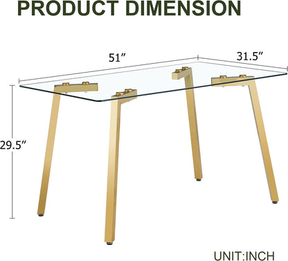 NicBex Dining Room Table Modern 51" Rectangular Dining Table for 6 with Tempered Glass Tabletop and Metal Legs for Kitchen, Dining Room, Restaurants, Golden