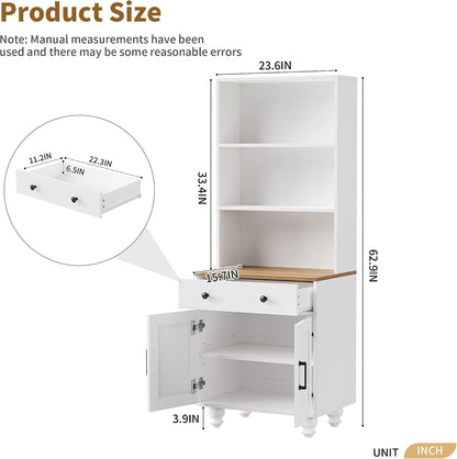 Farmhouse Kitchen Pantry Cabinet, 63'' Tall Storage Cabinet Wood Food Pantry with 2 Drawers & Adjustable Shelves, Kitchen Hutch Bookshelf for Dining Room (White)