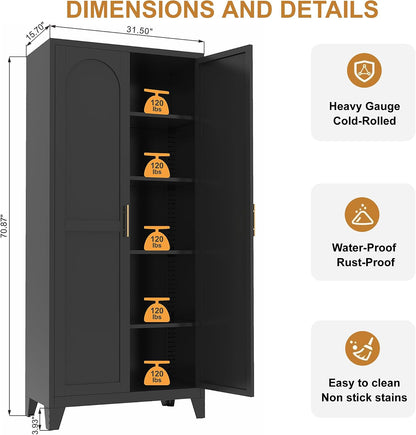 RYH Metal Pantry Cabinet with Doors & 3/4 Shelves, Kitchen Storage Cabinet, Large White Utility Cupboard for Kitchen, Dining Room, Office, Living Room (Black, 70.87" H×31.5" W×15.7" D)