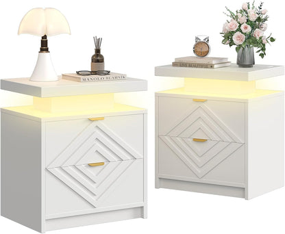 White Nightstand with Charging Station and LED Lights, Smart Night Stand, Modern Bedside Table with Drawers, RGB Lights, Power Outlets, USB and Type-C Ports, End Side Table for Bedroom Office (2)