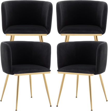 Canxkun Velvet Dining Chairs Set of 4, Barrel Dining Chairs with Gold Metal Legs, Modern Upholstered Dining Room Chair for Dining Room, Kitchen, Vanity (Black)