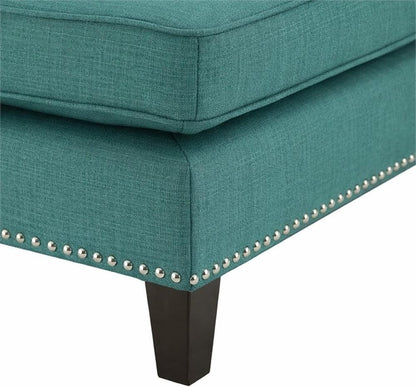 BOWERY HILL Solid Wood Frame Ottoman, Teal Fabric Upholstery, Nail Head Trim, 18" H x 26" W x 21" D, Compact Design, Lightweight, Modern Living Room Accent Piece, Supports Up to 500 lbs