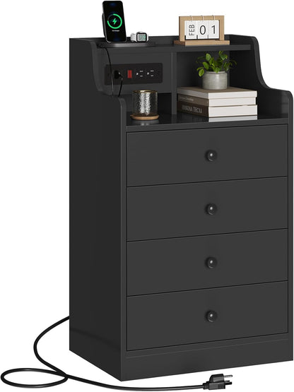 ADORNEVE Black Nightstand Set of 2,Bedside Table with 4 Drawers | Night Stand with Charging Station & Hutch,Large Nightstands Set of 2,Night Stands for Bedrooms,Side Tables Bedroom
