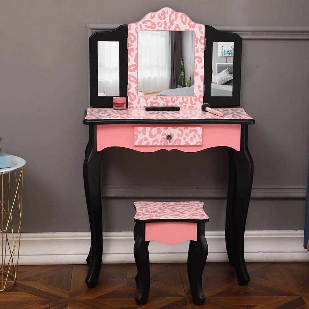 Bonnlo Kids Vanity Set, Modern Princess Vanity Table with Stool, Tri-Folding Mirror Desk for Girls Makeup Dressing Table with Drawer