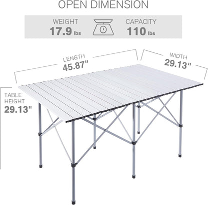 EVER ADVANCED Camping Table, Fold up Lightweight, 4-6 Person Portable Roll up Aluminum Table with Carry Bag for Outdoor, White