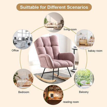 Rocking Chair Nursery, Teddy Upholstered Glider Rocker with High Backrest, Reading Chair Modern Rocking Accent Chairs Glider Recliner for Living Room, Nursery, Bedroom,Pink