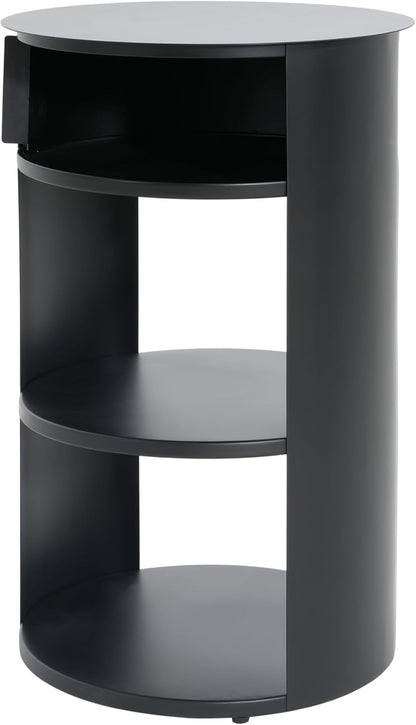 GDFStudio 3-Tier Modern Round Side Table with Sliding Door Storage, Pre-Assembled Matte Black Metal End Table for Living Room or Office – Space-Saving Cylindrical Design with Open Shelves
