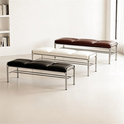 Modern Stainless Steel Long Bench with White Leather Cushion Home-use Soft-Padded Shoe Changing Stool Entryway(XS)