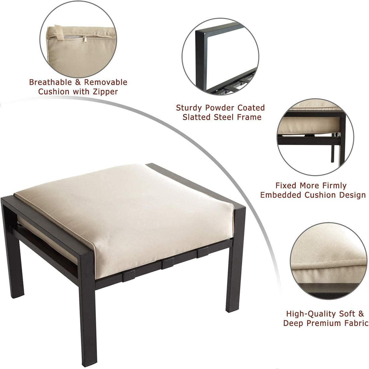 Festival Depot Patio Ottoman Outdoor Footstool with 4.3 Cushion Small Seat All Weather Metal Furniture for Deck Poolside Yard, Grey, PF20150