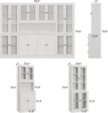 TUSY VOWNER 71'' Tall Pantry Cabinet, Kitchen Hutch Storage Cabinet, Buffet Hutch, China Cabinet with Glass Doors, 5-Tier Storage Cabinets for Dining Room, Kitchen, Living Room (White)