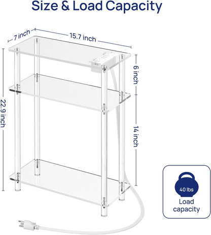 HMYHUM Acrylic Narrow Side Table with Charging Station, 7" Width, 3 Tier Small End Table for Small Spaces, Skinny Nightstand/Bedside Table with USB Ports & Outlet, Clear