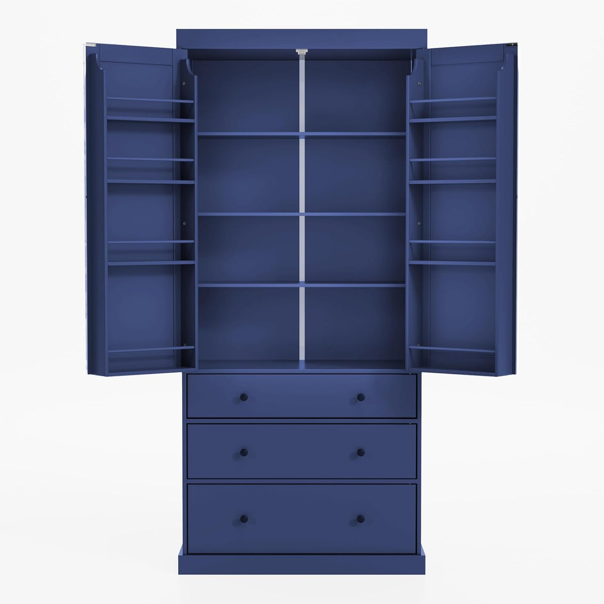 Tall Kitchen Pantry Cabinet Wood Freestanding Large Cupboard with 3 Drawers, 8 Door-Shelf and Adjustable Shelves for Dining Room (Blue)