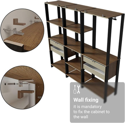 Madesa Kitchen Pantry Storage Rack with 4 Drawers, Open Shelves and Hanging Space 78" L Multiuse Modular Cabinet for Kitchen Organization - Black/Brown