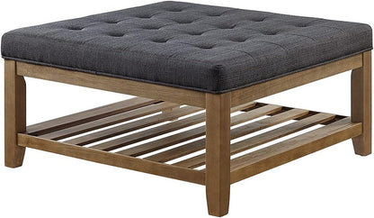 24KF Large Square Upholstered Tufted Linen Ottoman Coffee Table, Large Footrest Ottoman with Solid Wood Shelf- Charcoal