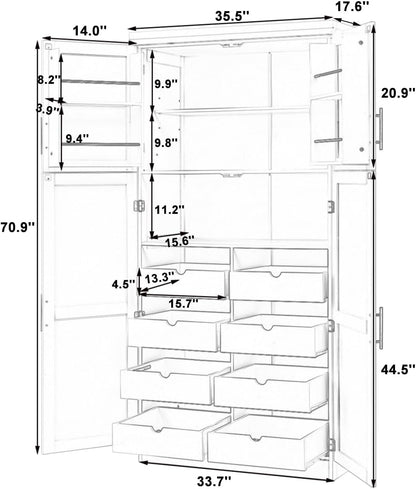 70.9" Tall Freestanding Kitchen Pantry Cabinet with 4 Doors, Large Wooden Kitchen Organizers Storage Cabinet with 8 Pull-Out Trays and 2 Door Shelves for Dining Room, White