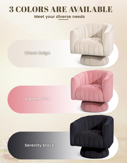Kromax Swivel Accent Chair, Modern 360 Degree Swivel Barrel Chair, Beige | Mid Century Overstuffed Tufted Velvet Chair with Armrest, Comfy Round Armchair, Ideal for Living Room, Bedroom, Reading Room