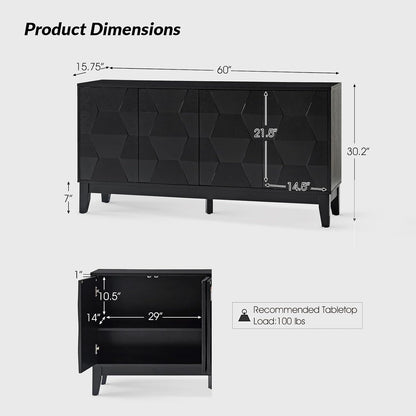 HULALA HOME Mid Century Sideboard Buffet Cabinet with Solid Wood Legs, 60" Kitchen Storage Cabinet Credenza with 4 Doors and 2 Shelves, Accent Console Table (Black)