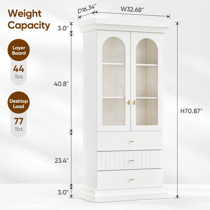 Vyre 71" Arched Kitchen Cabinet, Double Glass Door Display and Storage Cabinets with Drawers, Modern Pantry for Dining Room or Living Room, White with Gold Handles, 2 of Set
