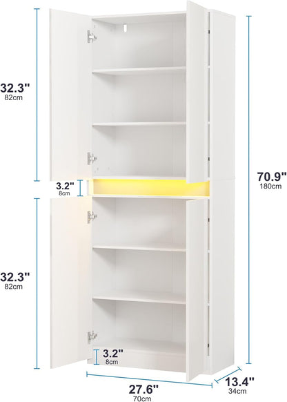 Furnify 71" Tall Pantry Cabinet with LED Light and High Gloss Doors, White | Kitchen Freestanding Pantry Storage Cabinet with Adjustable Shelves, Modern Buffet Hutch Cabinet for Dining Room, Living Room