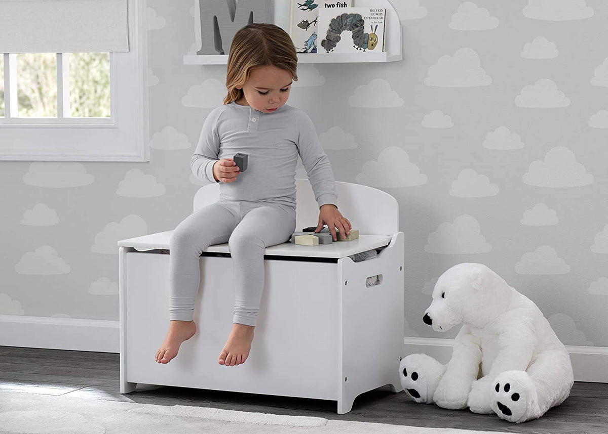 Delta Children MySize Toddler Bed, Bianca White + MySize Kids Wood Table and 2 Chair Set + MySize Deluxe Toy Box (Bundle)