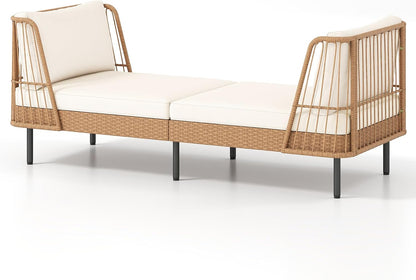 HAPPYGRILL Outdoor Wicker Daybed, Rattan Patio Couch Sofa Bed with Armrests, Cushions & Pillows, Boho 2-Seater Lounge for Porch, Backyard, Garden, Poolside (1)
