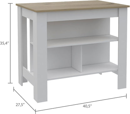 Kitchen Island with Three Shelves and Four Legs - Light Oak/White | Three shelves and four legs for stable support and ample storage