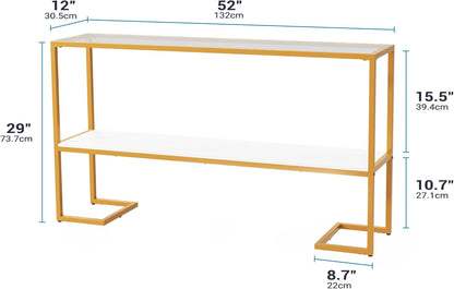 Furnify Console Sofa Table, 52" Modern Entryway Table, 2-Tier Open Shelf with Tempered Glass, Gold Metal Frame Behind Couch Table for Living Room Bedroom Hallway Entrance, White