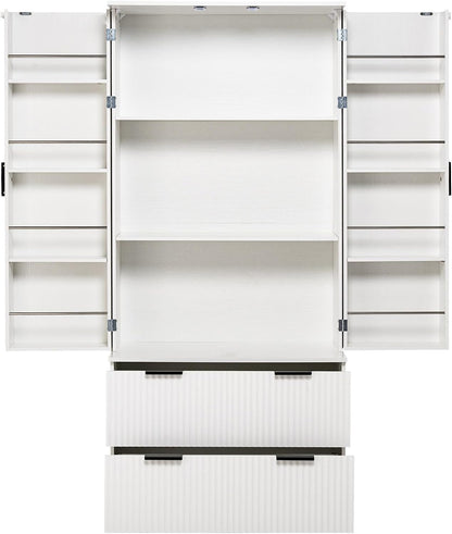72" Modern Fluted Kitchen Pantry Cabinet, Freestanding Food Storage Cupboard with 2 Large Drawers & 8-Door Spice Rack,Storage Organizer for Kitchen, Bathroom, Dining Room,White