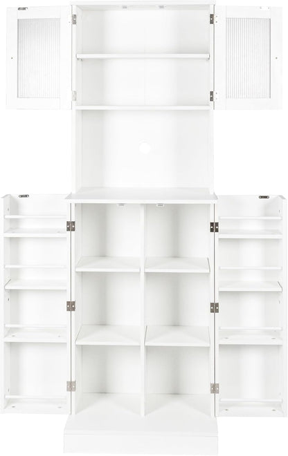 71'' Pantry Cabinet, Tall Storage Cabinet with Microwave Stand, Freestanding Kitchen Hutch with Doors and Adjustable Shelves, Mordern Food Pantry for Kitchen