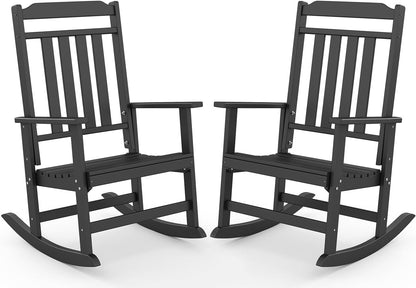 GREENVINES Classic Outdoor-Rocking-Chairs-Set-of-2, HDPE Rocker, Black | 30.3" High Back | All Weather Porch Chairs Plastic | Heavy Duty | 20.5" Wide Seat | Big & Tall | for Patio Balcony Deck