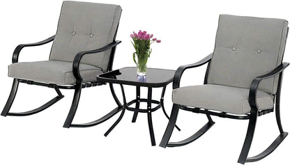 Outdoor 3-Piece Rocking Chairs, Patio Bistro Furniture Set, 2 Black Steel Rocking Chairs with Cushion and Glass Top Coffee Table (Grey)