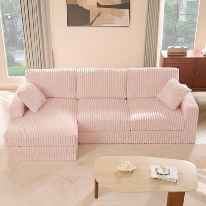 GOSUHI 113" L-Shaped Cloud Couch, Modular Sectional, Deep Seats, Pink | Pocket Spring Cushions, Oversized 3-Seater, Left Facing Chaise, Corduroy Upholstery Couches for Living Room