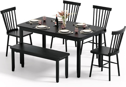 JUMMICO Solid Wood 6 Piece Dining Table Set, Modern 58"/W Kitchen Table Set for 6 with 4 Windsor Chairs & 1 Bench, Kitchen & Dining Room Sets for Kitchen, Restaurant (Black)