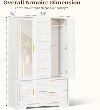 Armoire Wardrobe Closet with Mirror - 71“ Wood Clothing Storage Cabinet, Wardrobe Closet with Doors & 2 Drawers, Freestanding Bedroom Armoires and Wardrobes for Hanging Clothes, 3 Doors, White