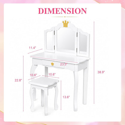 JOYMOR Kids Princess Vanity Table and Chair Set, Kids Vanity Set with Drawer & Tri-Folding Mirror, 2 in 1 Makeup Dressing Table with Detachable Top for Girls