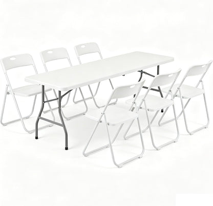8 FT Plastic Folding Table Chairs Set, 7-Piece Portable Foldable Table and Chairs with Carrying Handle for Wedding Party Banquet Craft Picnic Indoor and Outdoor Activities
