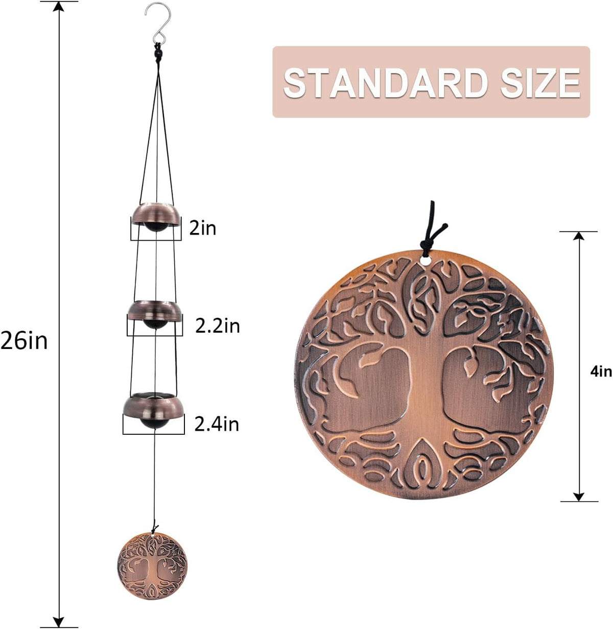 ASTARIN Tree of Life Bell Wind Chimes for Outside, Red Copper Temple Wind Bell with 3 Bells, Feng Shui Copper Wind Chime for Home Garden Yard Outdoor Decoration & Memorial Gift