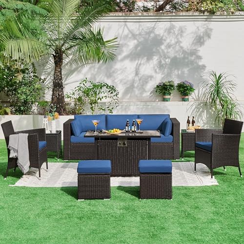 Yaheetech 3-Seat Patio Wicker Sofa, Outdoor Rattan Couch with Furniture Cover, Deep Seat High Back with Cushions & Throw Pillows for Deck/Porch/Balcony/Yard, Brown/Dark Blue