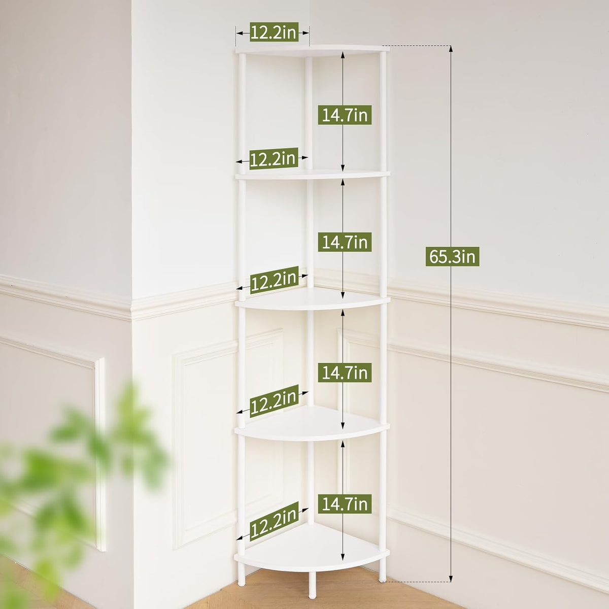 Yoobure Corner Shelf Stand, 5-Tier Bookshelf, 65" Tall Shelves for Bedroom, Living Room, Narrow Display Shelf Bookcase, White Book Shelf with Display Shelves for Office