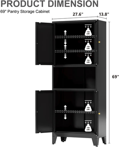 Metal Kitchen Pantry Cabinet, 69" Tall Black Storage Cabinet with 4 Doors and 3 Adjustable Shelves, Freestanding Cupboards with Microwave Stand for Dining Room, Living Room, Bathroom