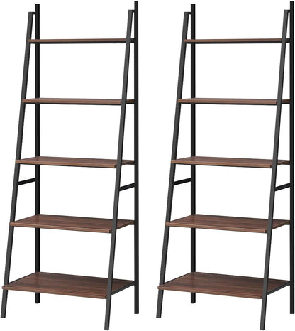 Tangkula Ladder Shelf (Set of 2), 5 Tier Industrial Bookcase, Multifunctional Display Bookshelf, Wooden Look Plant Flower Stand with Metal Frame, Decor Furniture for Home Office