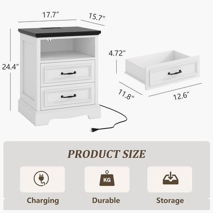 18" Farmhouse Nightstand Set of 2 with Charging Station, White End Table with 2 Drawers Storage, Wood Night Stand Side Table, Modern Bedside Cabinet for Bedroom Living Room, Dresser for Small Place